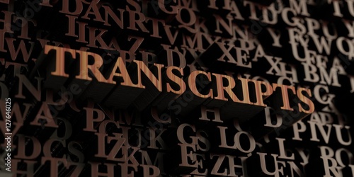 Transcripts - Wooden 3D rendered letters/message. Can be used for an online banner ad or a print postcard.