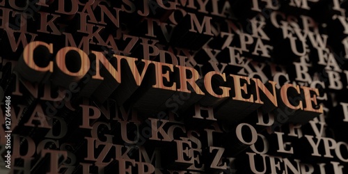 Convergence - Wooden 3D rendered letters/message. Can be used for an online banner ad or a print postcard.