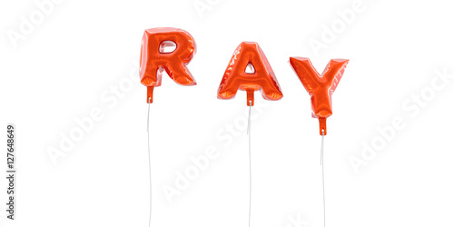 RAY - word made from red foil balloons - 3D rendered. Can be used for an online banner ad or a print postcard.