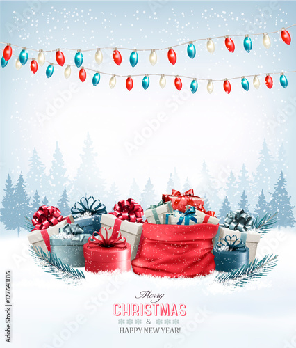 Christmas presents with a garland and a sack full of gift boxes.