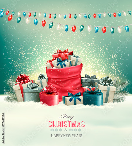 Holiday Christmas background with a sack full of gift boxes and