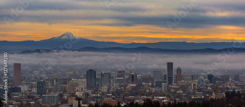 Portland Oregon Cityscape and Mount Hood at Sunrise