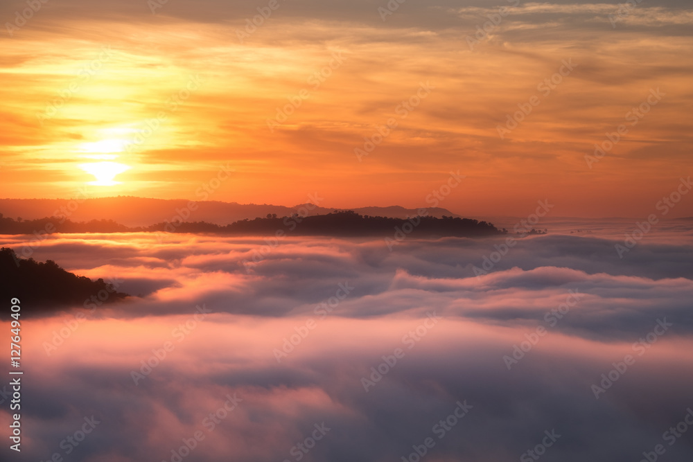 Beautiful sunrise view and sea of clouds from Phuhuayesan in Nong khai provience, Thailand.