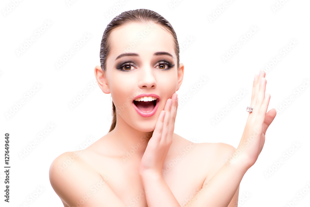 Woman with engagement ring isolated on white Woman with engagement ring isolated on white