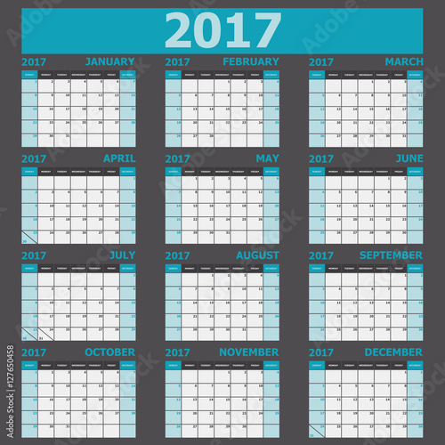 Calendar 2017 week starts on Sunday (12 months set)