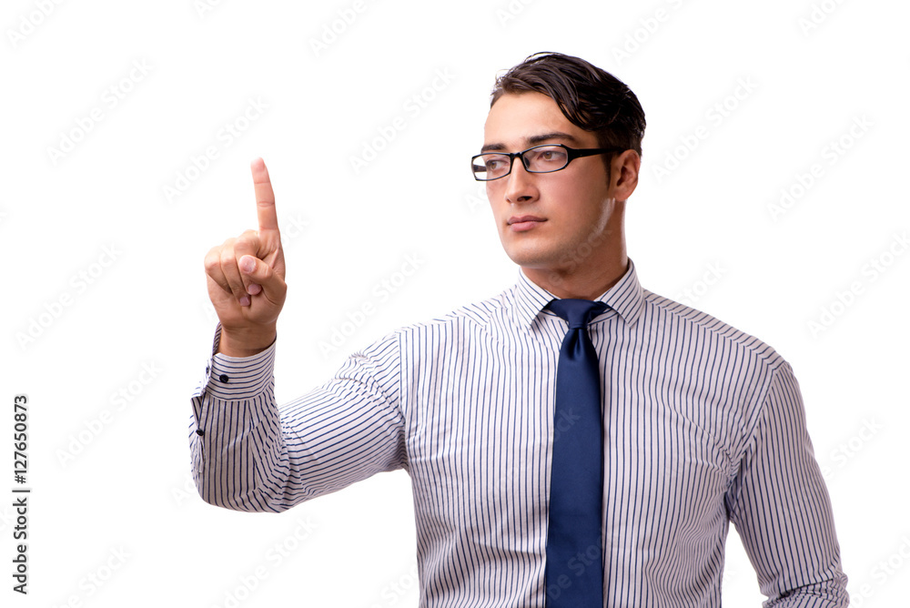 Young handsome businessman pressing buttons isolated on white Young handsome businessman pressing buttons isolated on white