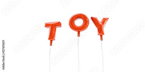 TOY - word made from red foil balloons - 3D rendered. Can be used for an online banner ad or a print postcard.