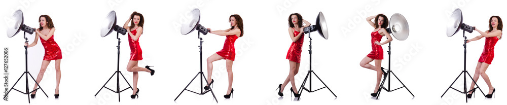 Woman wearing red dress isolated on white