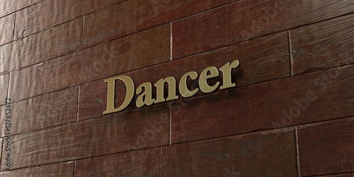Dancer - Bronze plaque mounted on maple wood wall - 3D rendered royalty free stock picture. This image can be used for an online website banner ad or a print postcard.