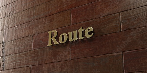 Route - Bronze plaque mounted on maple wood wall - 3D rendered royalty free stock picture. This image can be used for an online website banner ad or a print postcard.
