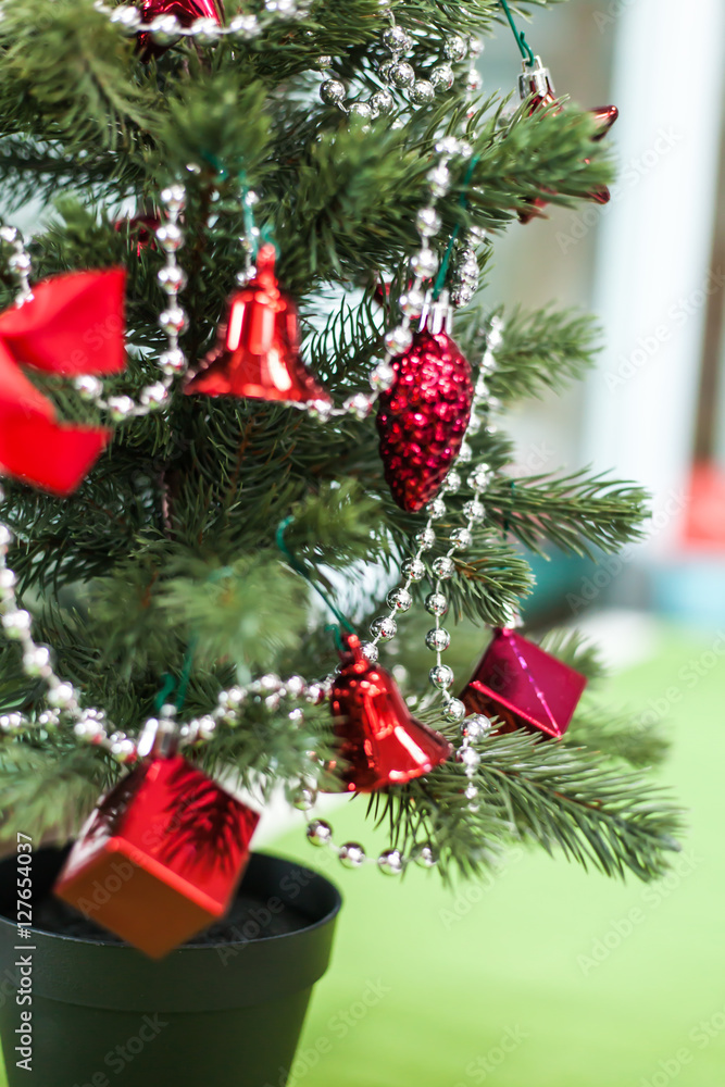 Christmas tree closeup with red decoration elegant hanging | celebration festivity xmas | home object vintage Christmas tree closeup with red decoration elegant hanging | celebration festivity xmas | home object vintage