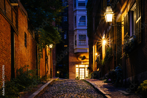 Acorn Street at night, in Beacon Hill, Boston, Massachusetts.