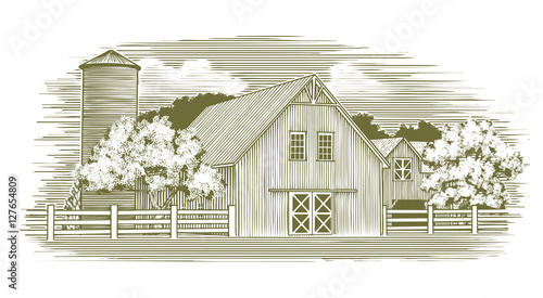 Woodcut illustration of an old barn.