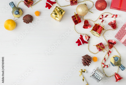Christmas and Happy new year object decoration flat lay with copy space on white wooden background