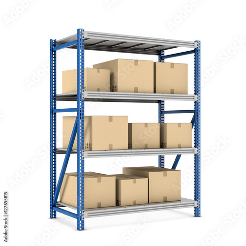 Rendering metal rack with beige cardboard boxes of different size stored there, isolated on the white background. photo