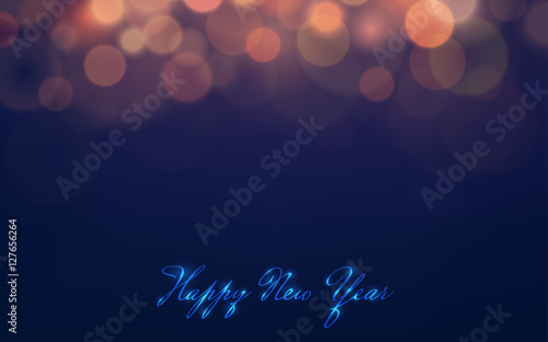 Happy new year in handwriting design with bokeh and lens flare on dark blue color blurred background (vector)