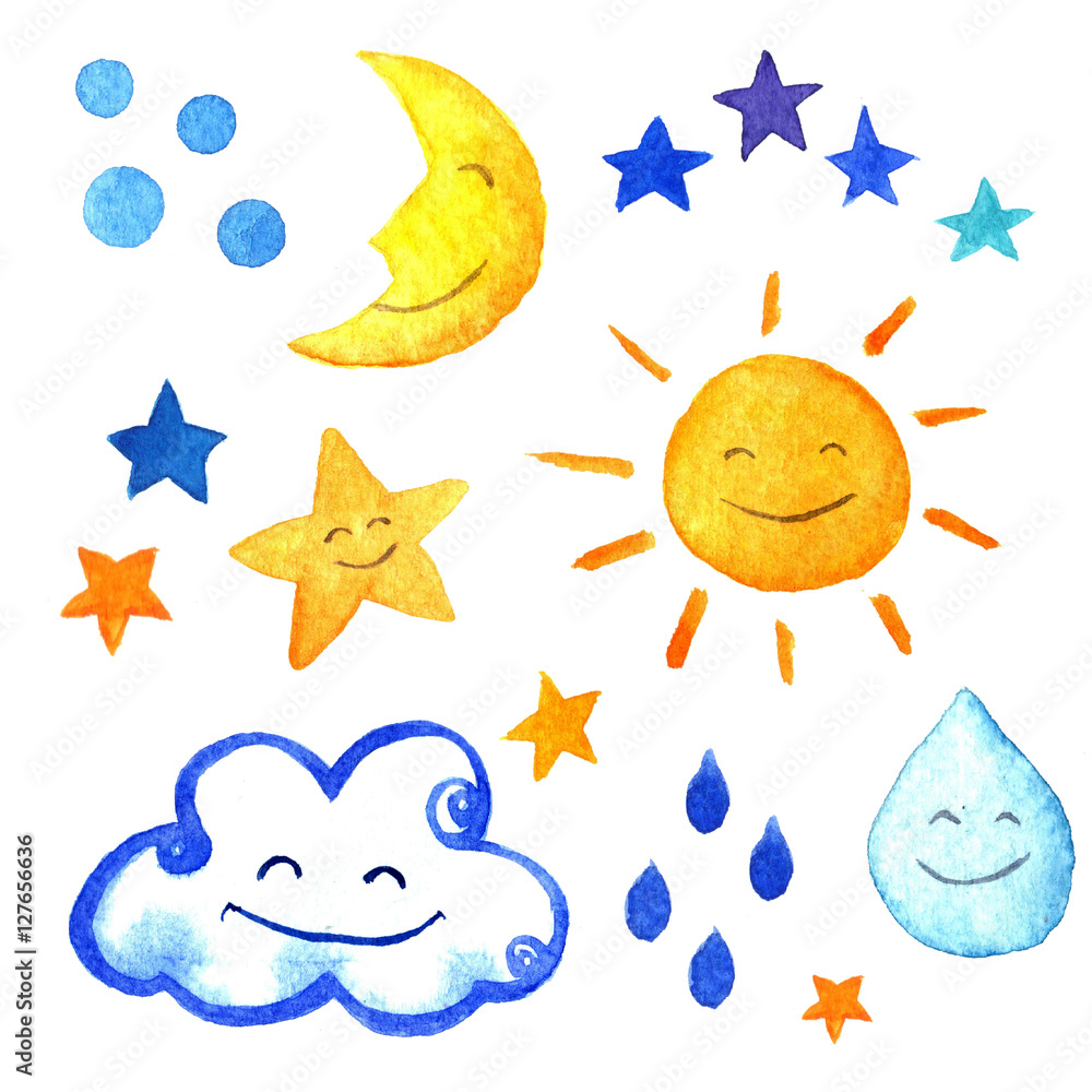 Weather watercolor set of icons. Cute smiling sun, moon, star, drops, and cloud. hand painted illustration. Weather watercolor set of icons. Cute smiling sun, moon, star, drops, and cloud. hand painted illustration.