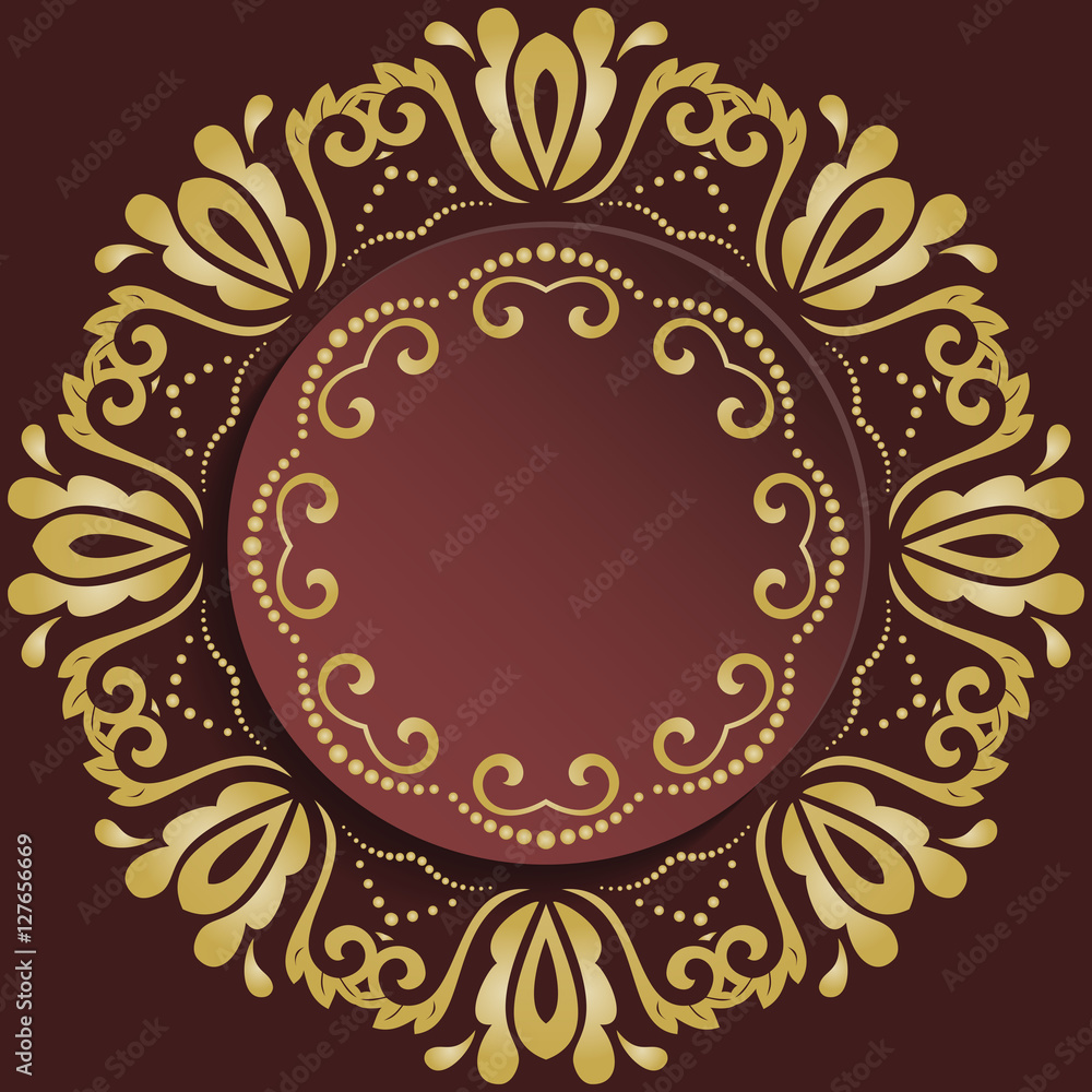 Nice vector frame with floral elements and arabesques. Brown and golden greeting card
