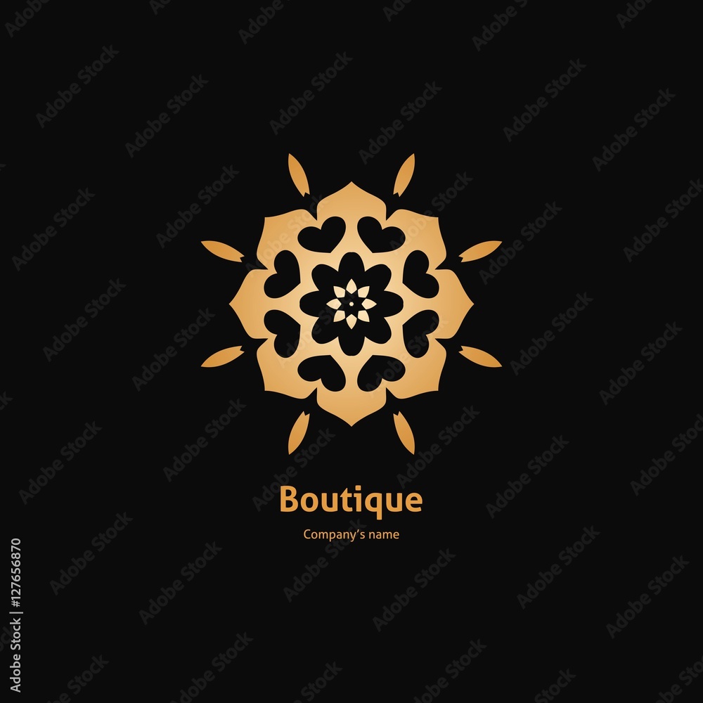 Gold logo, flower. Simple geometric sign. Volumetric golden big bud. Vintage. Gold logo, flower. Simple geometric sign. Volumetric golden big bud. Vintage.