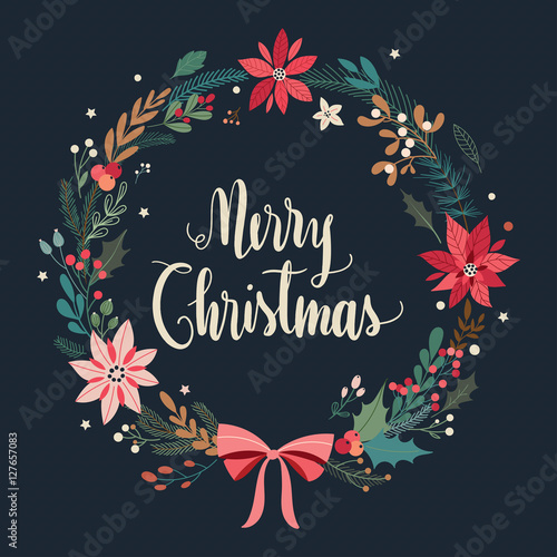 Christmas greeting card with floral wreath on a black background (vector design)