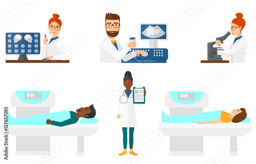 Vector set of doctor characters and patients.