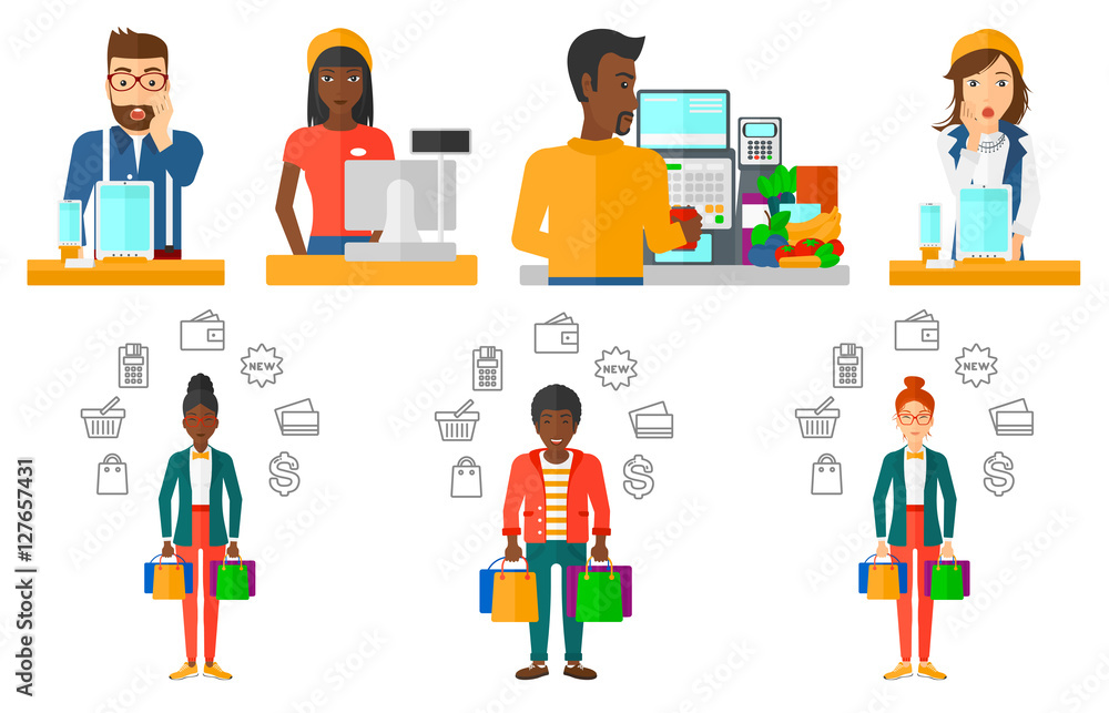 Vector set of shopping people characters. Vector set of shopping people characters.