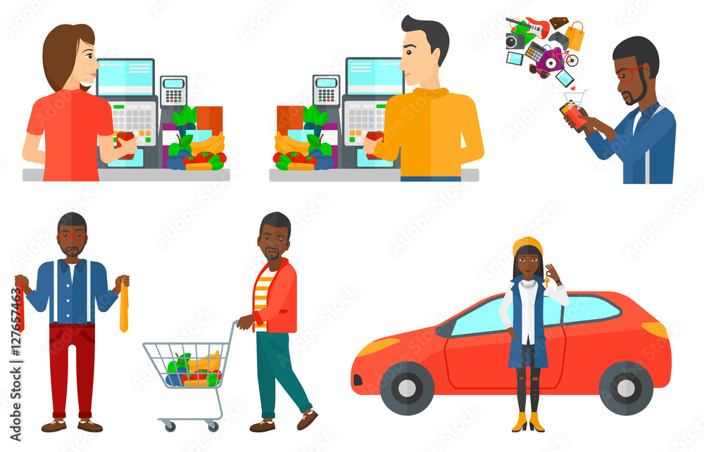 Vector set of shopping people characters. Vector set of shopping people characters.