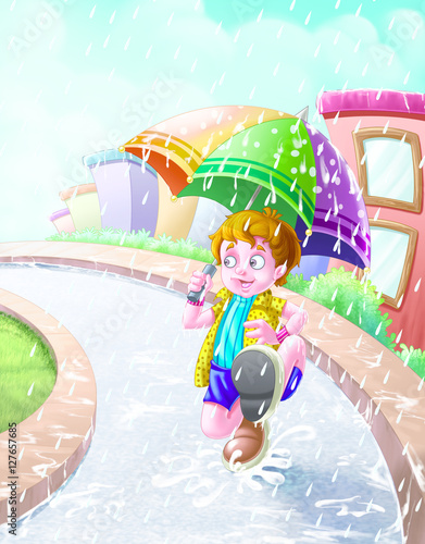 Boy with umbrella in rain