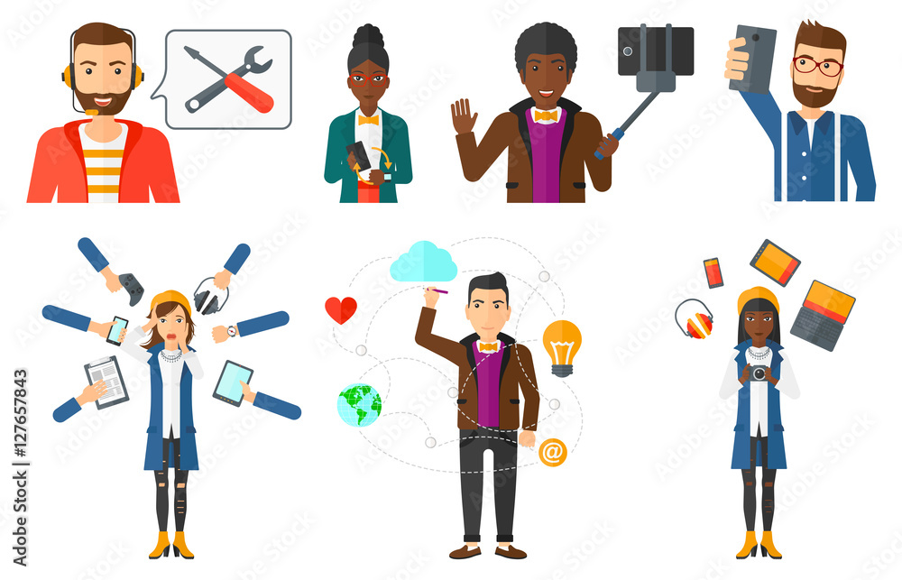 Vector set of people using modern technologies. Vector set of people using modern technologies.