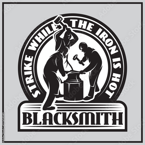 monochrome emblem in retro style with three blacksmiths working in smithy
