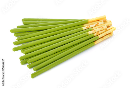 biscuit stick with green tea flavored on white background