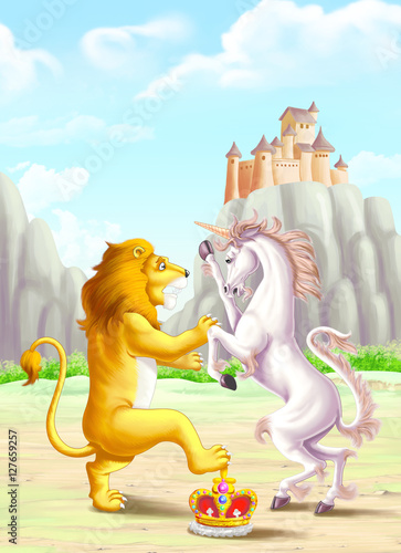 Lion fight with unicorn