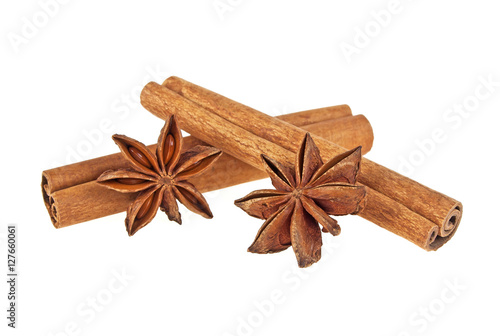 Anise and cinnamon sticks isolated on white background