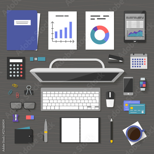 The concept banner marketing and management, office tools objects and devices on table, flat symbol top view, modern design, work space vector illustration