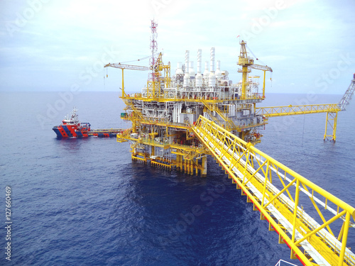 Oil and gas platform in the gulf or the sea, The world energy, Offshore oil and rig construction.