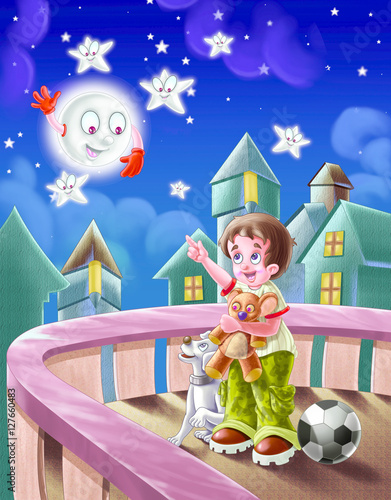 Boy and dog looking moon at...