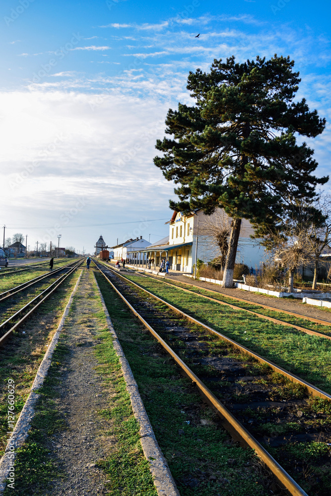 Fototapeta premium old iron rails with green grass