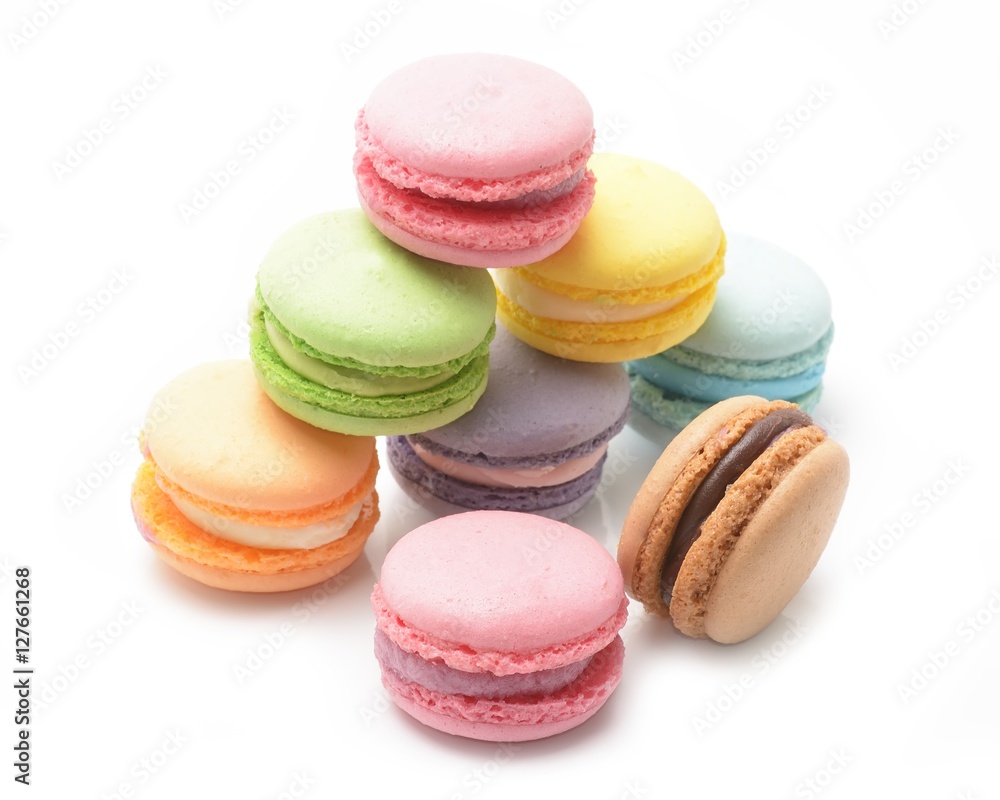 Sweet and colourful french macaroons or macaron on white background Sweet and colourful french macaroons or macaron on white background