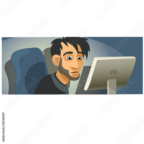 Male computer programmer working. Vector character