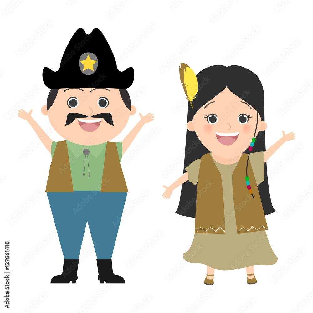 Children in carnival costumes cowboy and Pocahontas. Wild West, cowboys and Indians. Vector cartoon Children in carnival costumes cowboy and Pocahontas. Wild West, cowboys and Indians. Vector cartoon