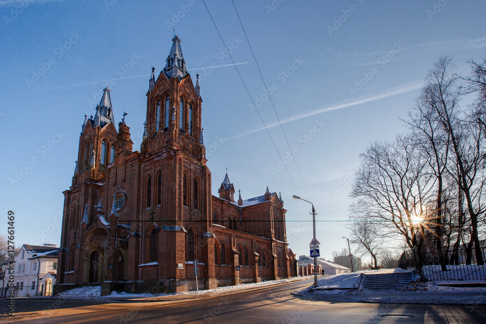 Roman Catholic Church in Smolensk city sunlit frosty morning