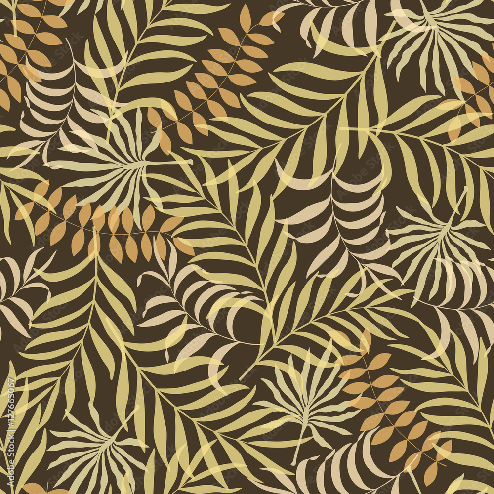 Seamless pattern with hand-drawn tropical leaves.