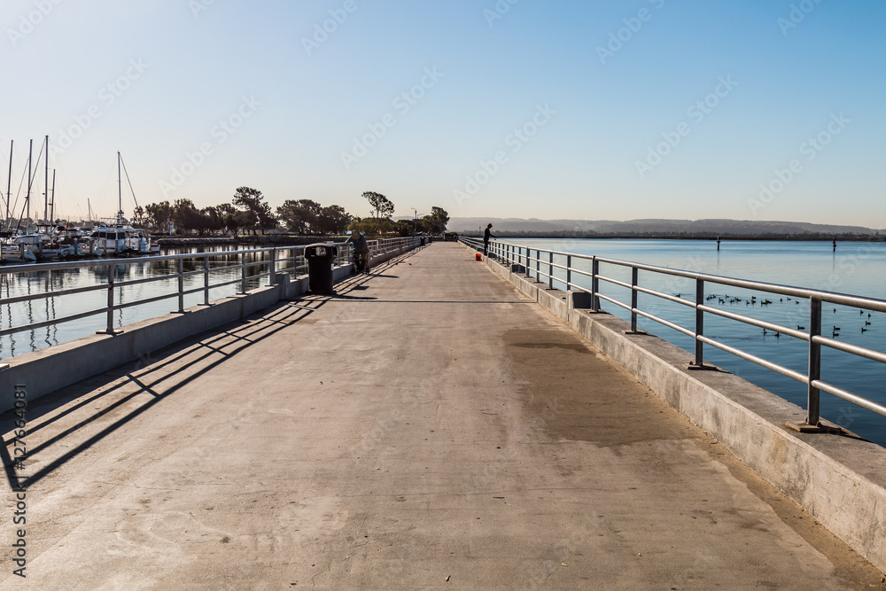 Fishing Pier at the Chula Vista Bayfront Park with marina and San Diego Bay.