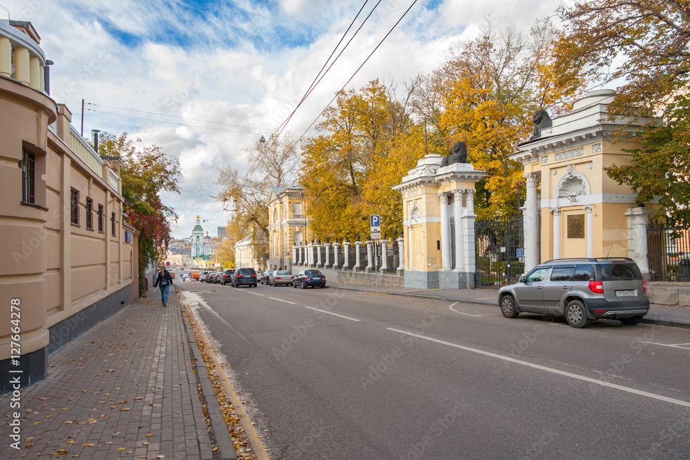 Yauzskaya street in autumn, the main gate to the hospital No. 23, old center Moscow