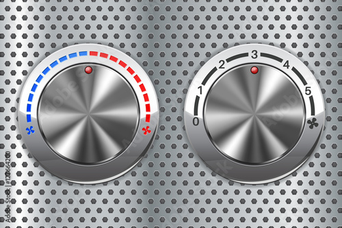 Car temperature and air flow speed selector. Chrome selectors on metal perforated background