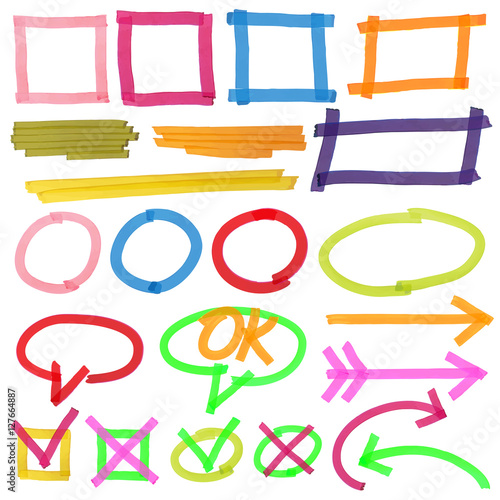Highlighter marks, stripes, strokes, frames, speech bubbles, crosses, ticks and arrows vector set