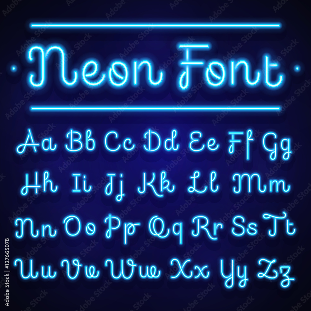 Glowing neon calligraphic letters on dark. Vector alphabet signs Glowing neon calligraphic letters on dark. Vector alphabet signs