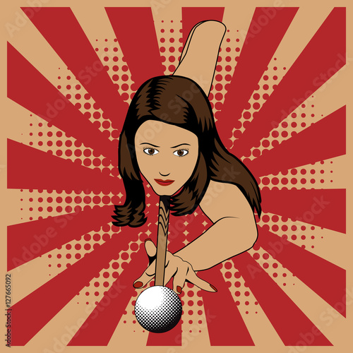 Beautiful woman playing billiards on red vintage background. Vector billiard illustration in vintage pop art style.
