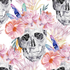 Sierkussen Doodshoofd met bloemen patronen Paisley schedel met pioenroos en protea  © natikka