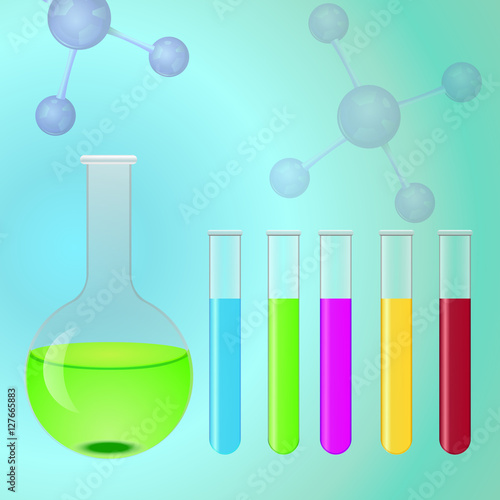 Tubes for tests vessels air molecules laboratory eqipment composition with colorful liquids flat vector illustration
